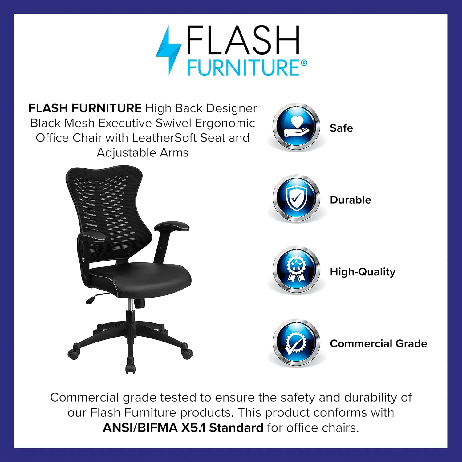 Flash Furniture Kale High Back Designer Black Mesh Executive Swivel Ergonomic Office Chair with LeatherSoft Seat and Adjustable Arms