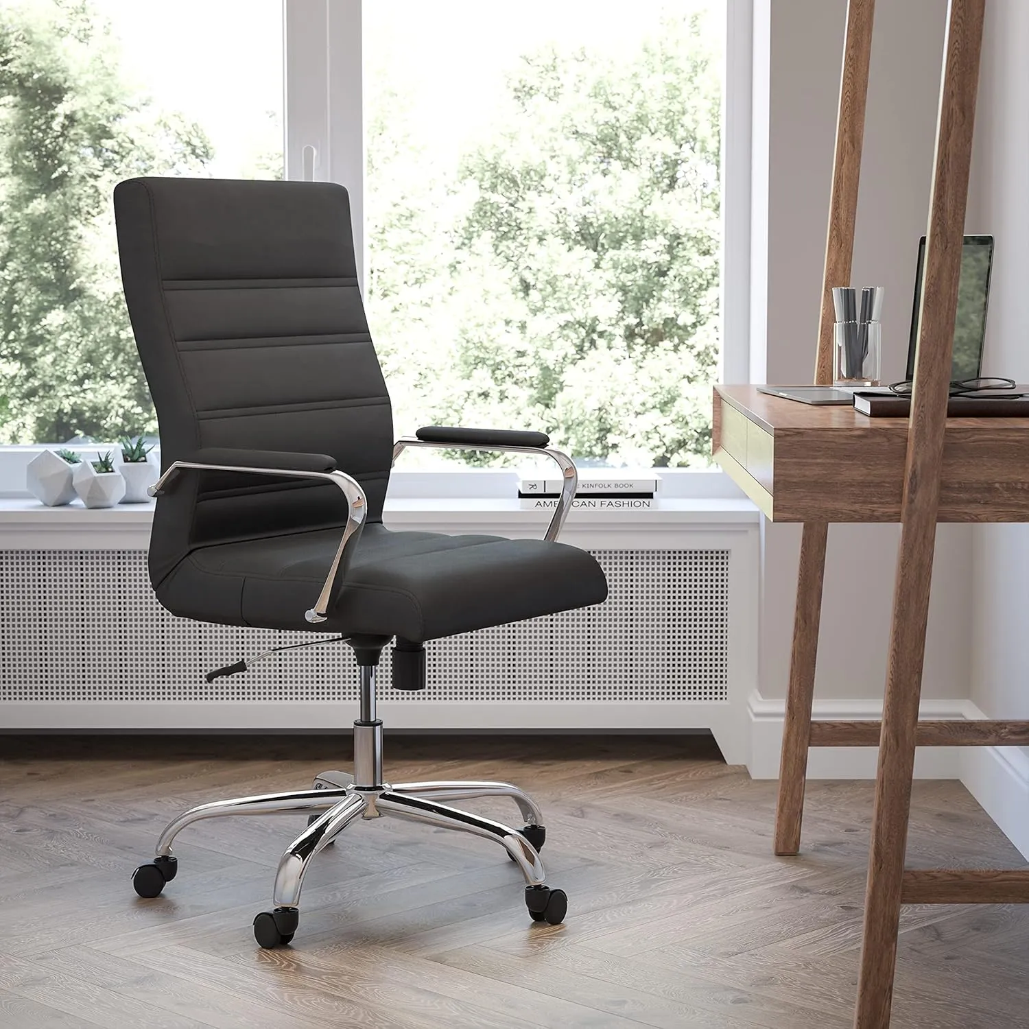 Flash Furniture Whitney High-Back Swivel LeatherSoft Desk Chair with Padded Seat and Armrests, Adjustable Height Padded Office Chair, Black/Chrome