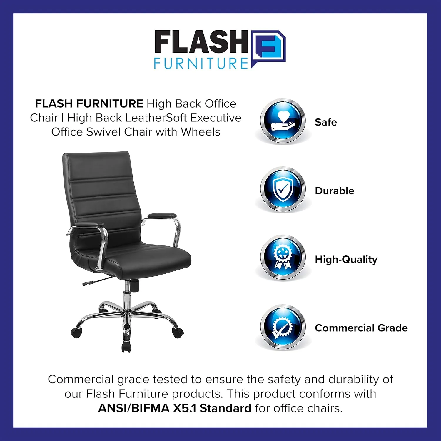 Flash Furniture Whitney High-Back Swivel LeatherSoft Desk Chair with Padded Seat and Armrests, Adjustable Height Padded Office Chair, Black/Chrome