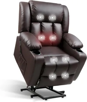FLEXISPOT XL31 Power Lift Recliner Chair for Elderly, Electric Lift Chair with Massage & Heat, PU Leather Reclining Sofa w/Cup Holders, Side Pockets for Living Room Bedroom(Medium Size,Brown)