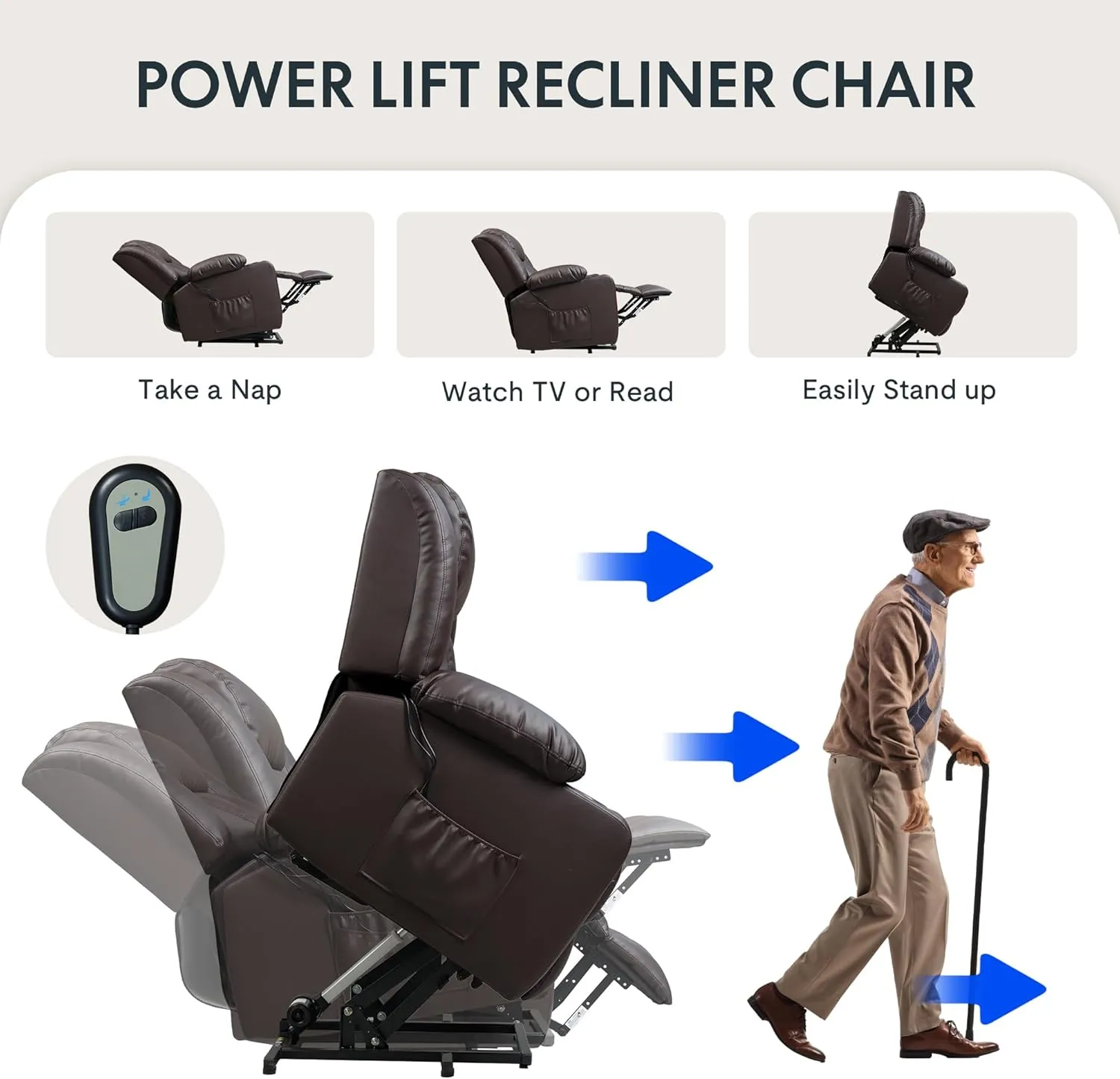 FLEXISPOT XL31 Power Lift Recliner Chair for Elderly, Electric Lift Chair with Massage & Heat, PU Leather Reclining Sofa w/Cup Holders, Side Pockets for Living Room Bedroom(Medium Size,Brown)