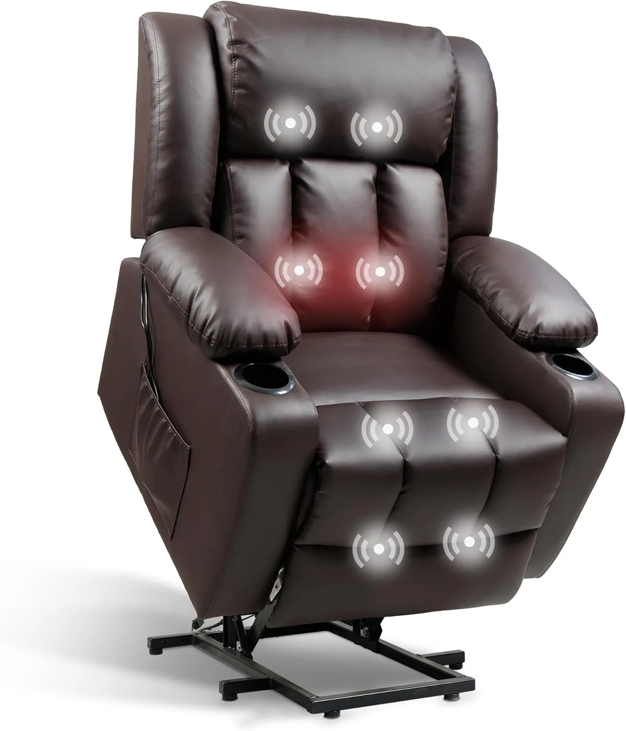 FLEXISPOT XL31 Power Lift Recliner Chair for Elderly, Electric Lift Chair with Massage & Heat, PU Leather Reclining Sofa w/Cup Holders, Side Pockets for Living Room Bedroom(Medium Size,Brown)