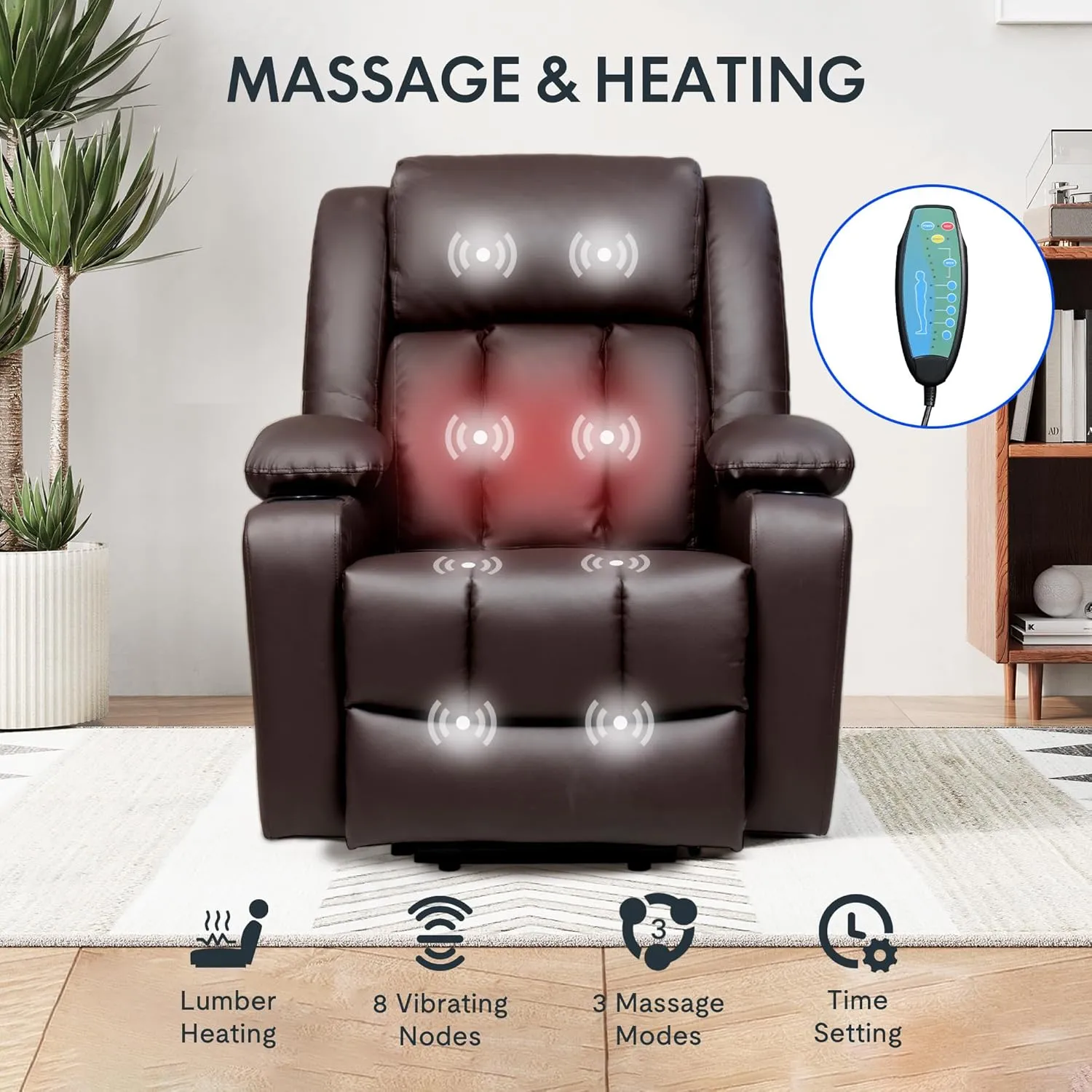 FLEXISPOT XL31 Power Lift Recliner Chair for Elderly, Electric Lift Chair with Massage & Heat, PU Leather Reclining Sofa w/Cup Holders, Side Pockets for Living Room Bedroom(Medium Size,Brown)
