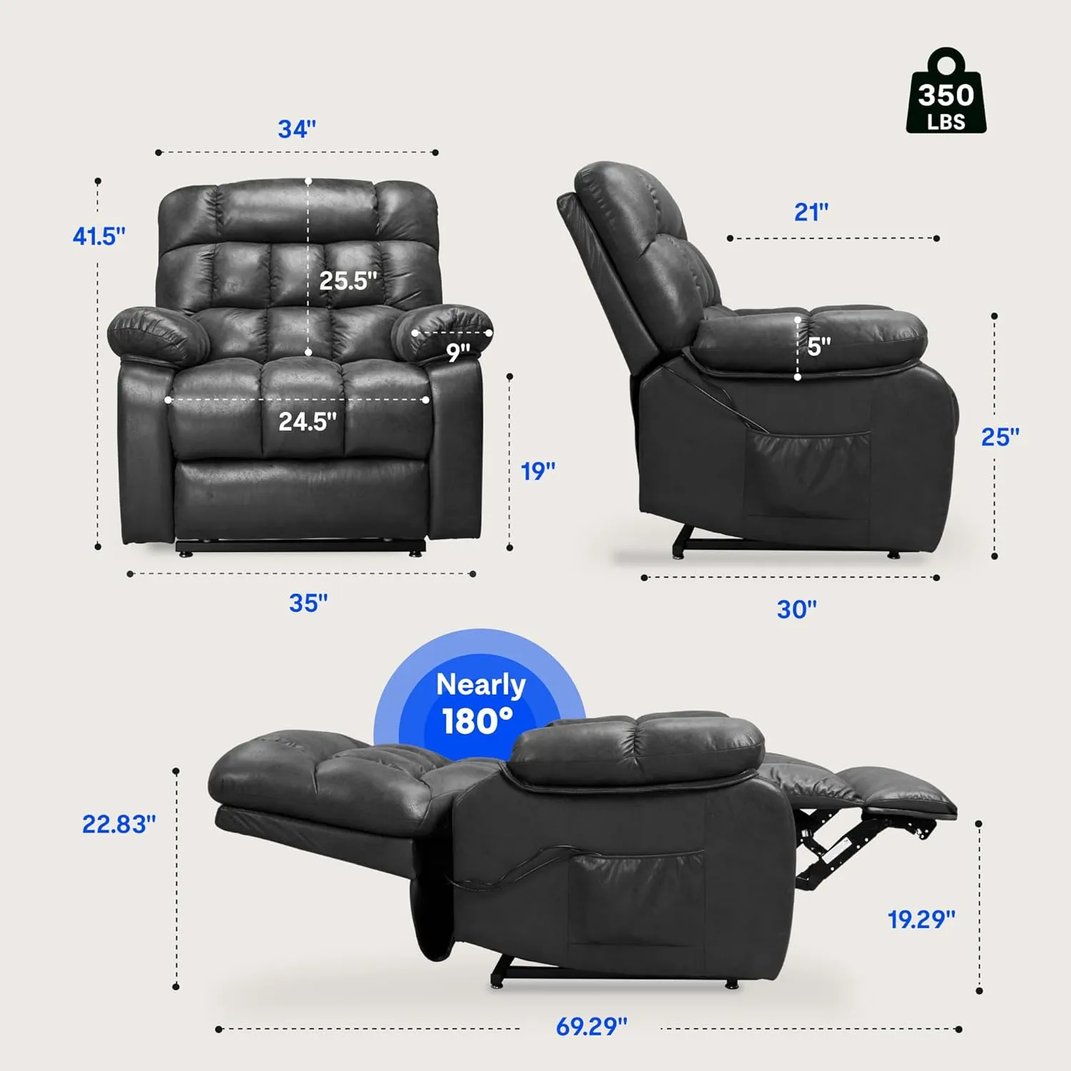 FLEXISPOT XL51 Dual OKIN Motor Power Lift Recliner Chair for Elderly, Lay Flat Electric Recliner with Massage & Heat, USB Ports, Faux Leather Reclining Sofa for Living Room Bedroom, Black
