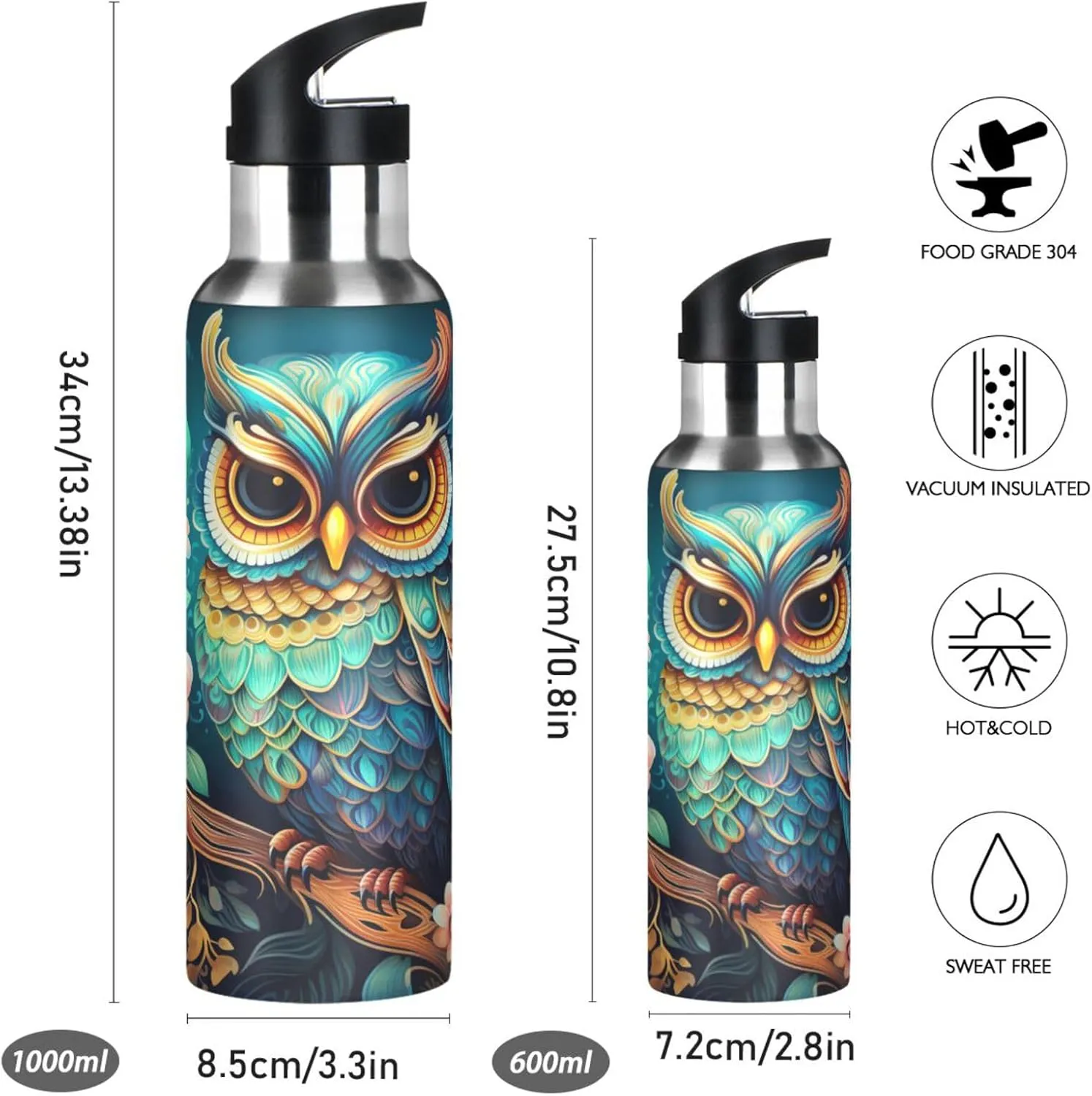 Flower Pattern Animal Art Owl Sport Water Bottle Insulated Stainless Steel Large Vacuum Flask Leak Proof Thermos with Straw for Travel(600ml/1000ml)