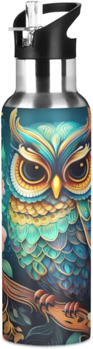 Flower Pattern Animal Art Owl Sport Water Bottle Insulated Stainless Steel Large Vacuum Flask Leak Proof Thermos with Straw for Travel(600ml/1000ml)