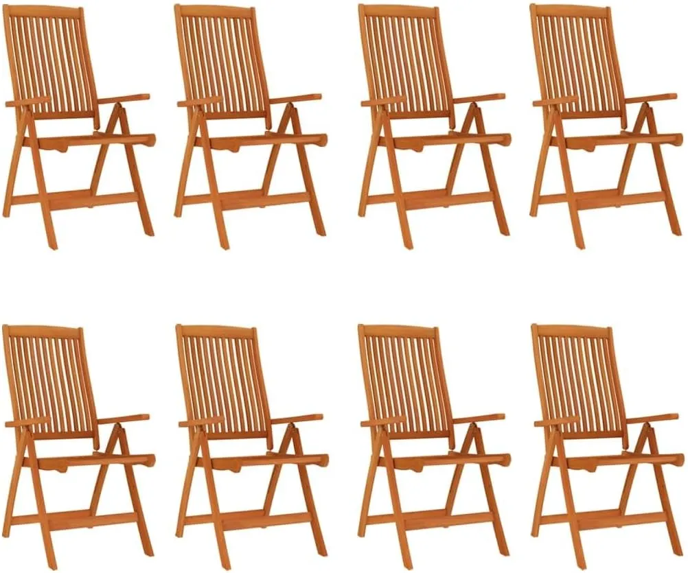 Folding Patio Chairs Set of 8 Solid Wood Eucalyptus Reclining Garden Chairs Outdoor Lounge Chairs Adjustable Backrest Outdoor Furniture for Patio and Garden