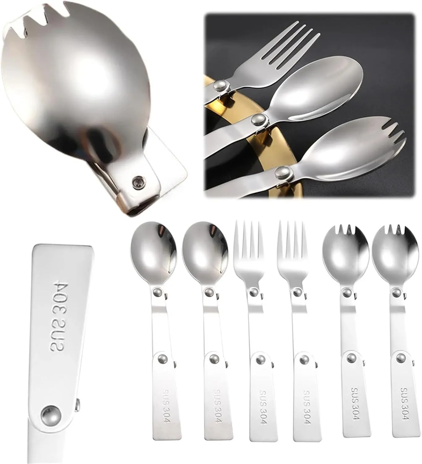 Folding Spoons 12Pcs Portable Folding Spoon Fork Set, 304 Stainless Steel Outdoor Portable Tableware, Picnic Foldable Cutlery for Thermos Container Food Containers(Spork)