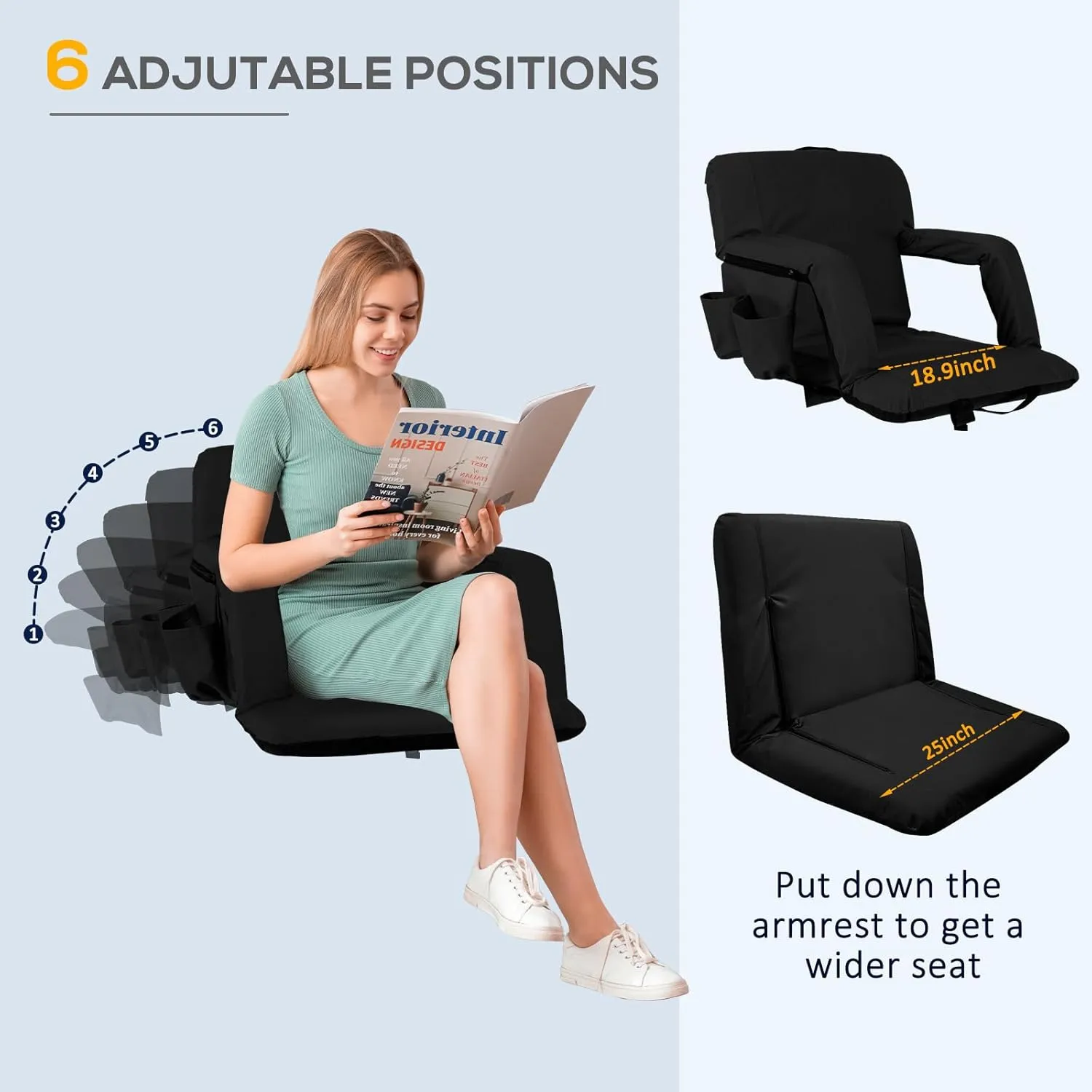 Folding Stadium Seat for Bleachers with Back Support, Bleacher Chairs with Padded Backrest and Adjustable Armrests, 6 Reclining Positions