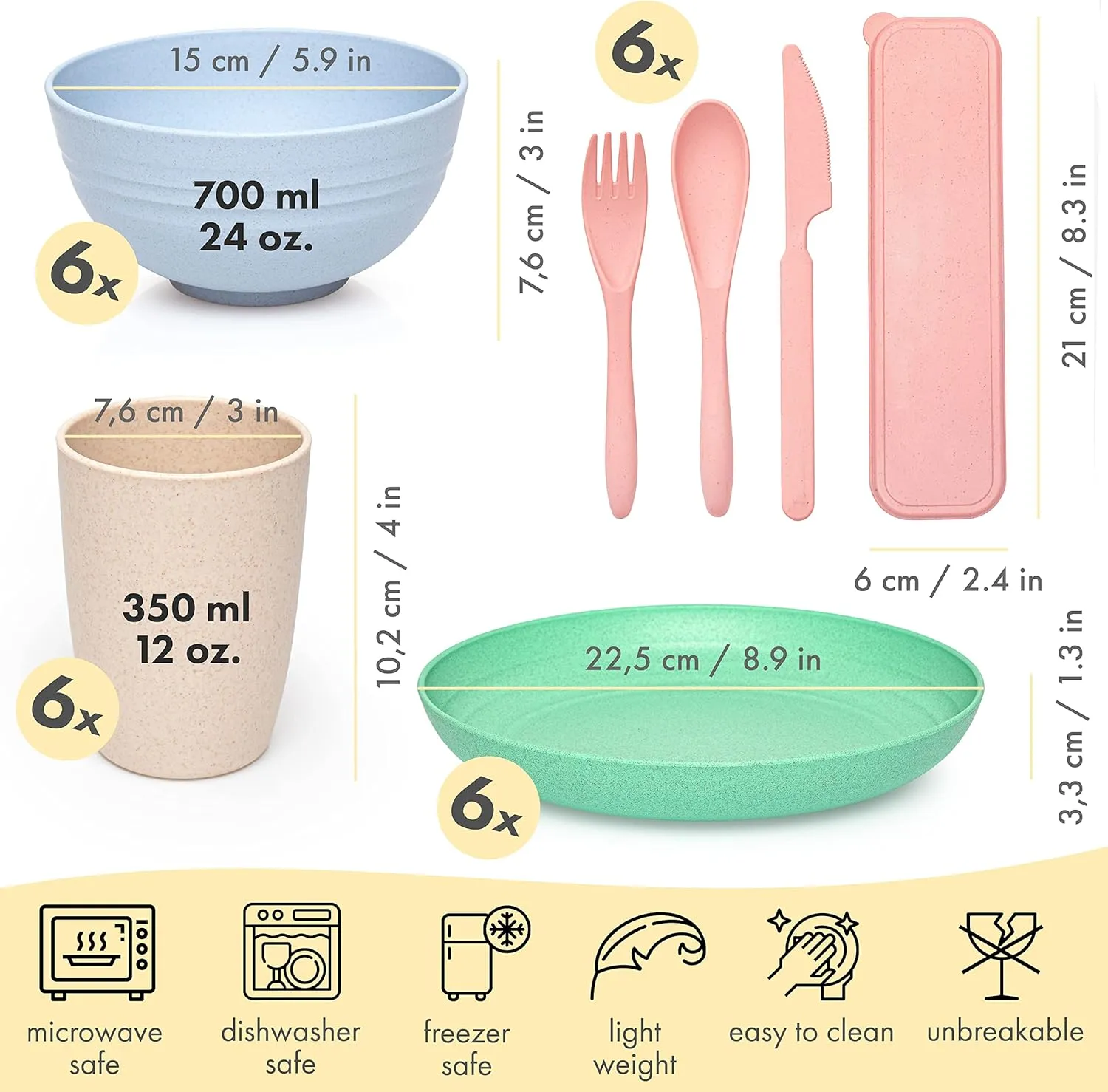 FOODLE Wheat Straw Dinnerware Set - BPA Free & Safety Certified - Lightweight & Unbreakable - Microwave & Dishwasher Safe - Camping, Dorm & RV Dishes - Reusable Kids Plates and Bowls Sets - For 6