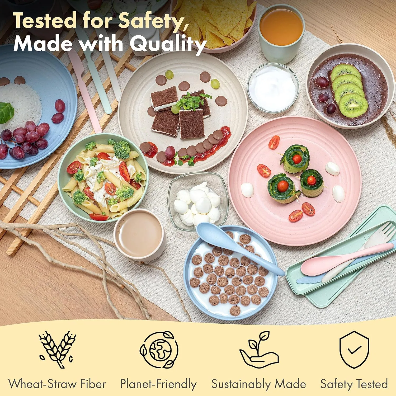 FOODLE Wheat Straw Dinnerware Set - BPA Free & Safety Certified - Lightweight & Unbreakable - Microwave & Dishwasher Safe - Camping, Dorm & RV Dishes - Reusable Kids Plates and Bowls Sets - For 6