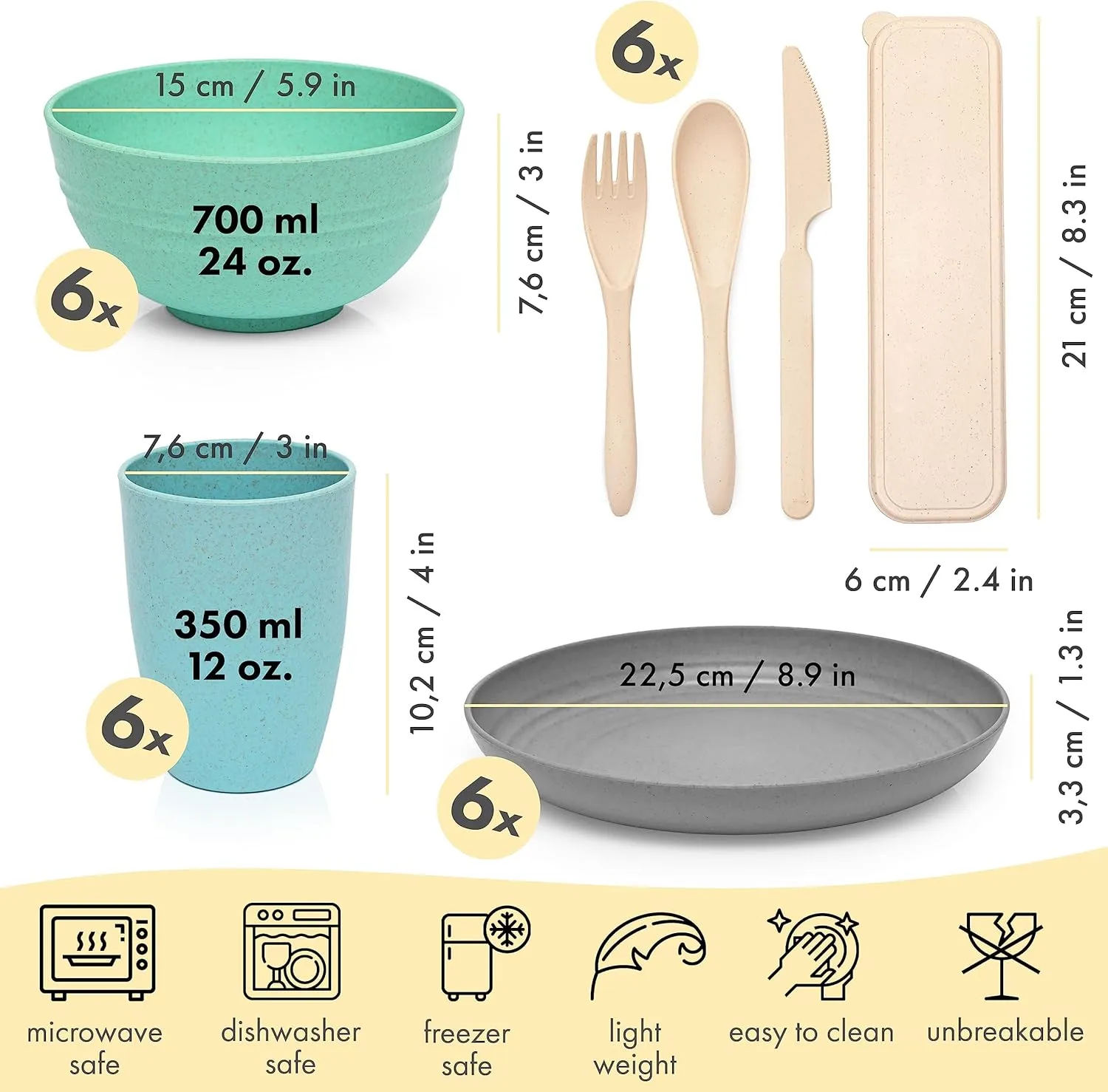 FOODLE Wheat Straw Dinnerware Set - BPA Free & Safety Certified - Microwave & Dishwasher Safe - Perfect for Picnic, Dorm, Camper, RV Dishes - Camping Plates Cups and Bowls Set - Great for Kids - For 6