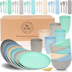 FOODLE Wheat Straw Dinnerware Set - BPA Free & Safety Certified - Microwave & Dishwasher Safe - Perfect for Picnic, Dorm, Camper, RV Dishes - Camping Plates Cups and Bowls Set - Great for Kids - For 6