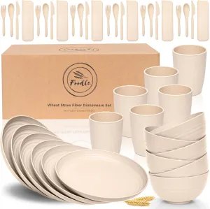 FOODLE Wheat Straw Dinnerware Set - BPA Free & Safety Certified - Unbreakable, Microwave & Dishwasher Safe Dishes - Picnic, Dorm, RV, Camping Plates Cups and Bowls - Great for Kids & Adults - For 6