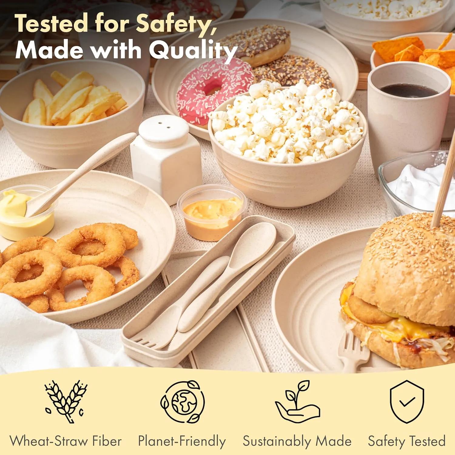 FOODLE Wheat Straw Dinnerware Set - BPA Free & Safety Certified - Unbreakable, Microwave & Dishwasher Safe Dishes - Picnic, Dorm, RV, Camping Plates Cups and Bowls - Great for Kids & Adults - For 6