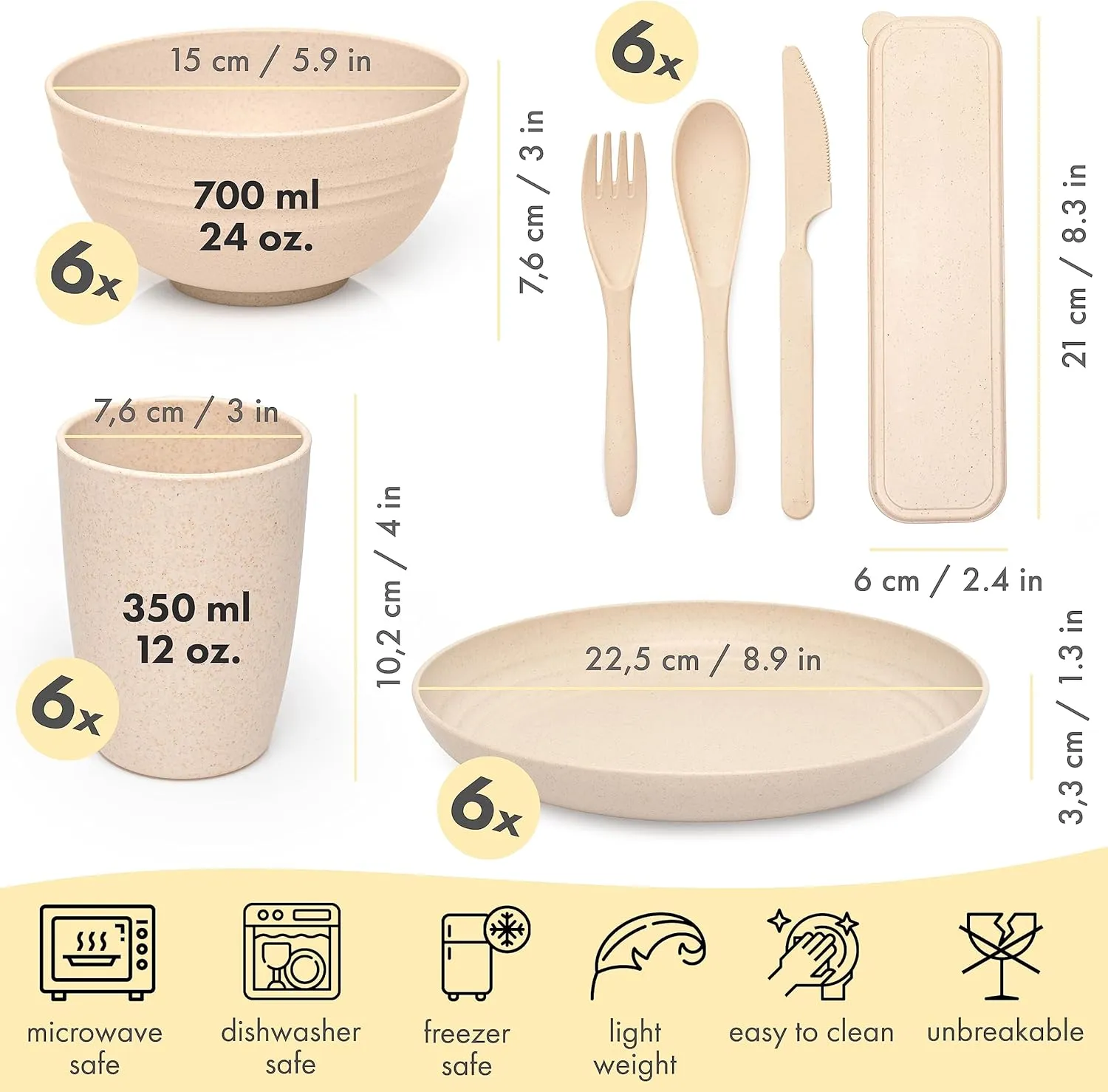 FOODLE Wheat Straw Dinnerware Set - BPA Free & Safety Certified - Unbreakable, Microwave & Dishwasher Safe Dishes - Picnic, Dorm, RV, Camping Plates Cups and Bowls - Great for Kids & Adults - For 6