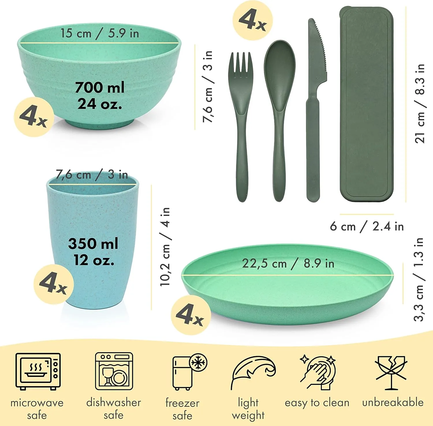 FOODLE Wheat Straw Dinnerware Set - BPA Free & Safety Tested - Microwave & Dishwasher Safe Dishes - Perfect for Camping, Picnic, RV, Dorm - Plates, Cups and Bowls - Great for Kids & Adults - For 4