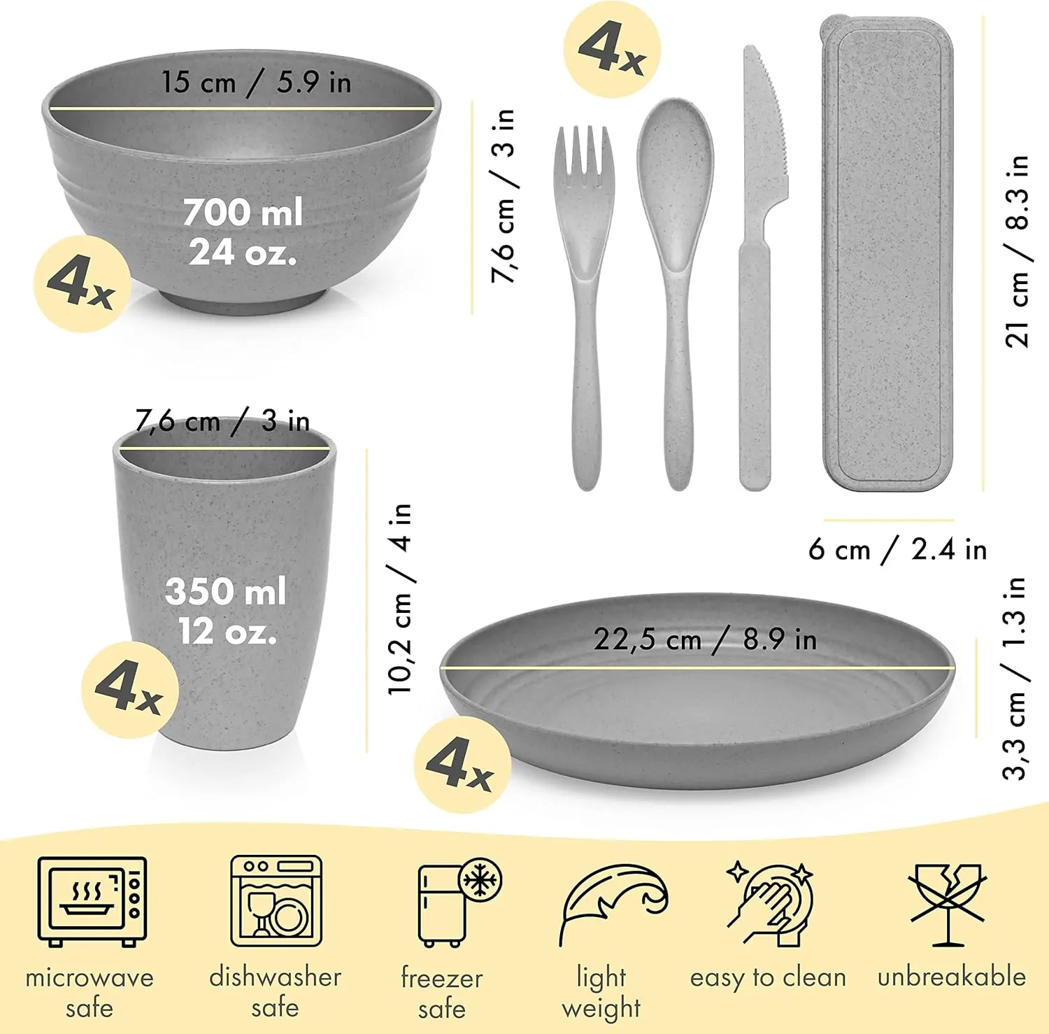 FOODLE Wheat Straw Dinnerware Set - BPA Free & Safety Tested - Microwave & Dishwasher Safe - Perfect for Picnic, Dorm, RV Dishes - Camping Plates Cups and Bowls Set - Great for Kids & Adults - For 4