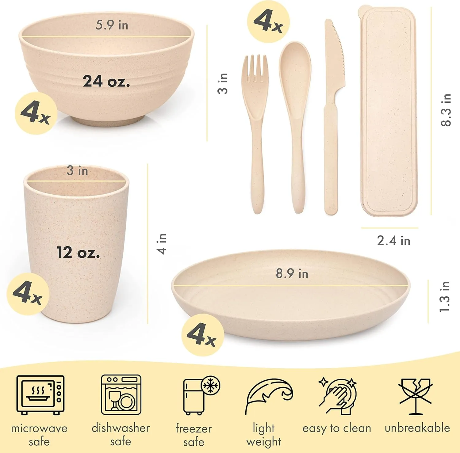 FOODLE Wheat Straw Dinnerware Set - BPA Free & Safety Tested - Unbreakable, Microwave & Dishwasher Safe Dishes - Picnic, RV, Dorm, Camping Plates Cups and Bowls - Great for Kids & Adults - For 4