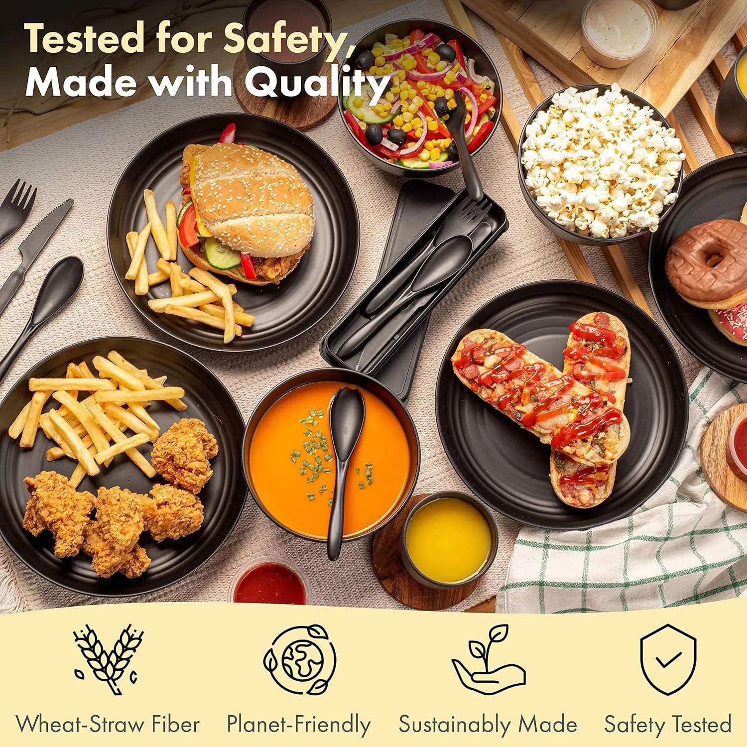 FOODLE Wheat Straw Dinnerware Set - BPA Free - Unbreakable, Microwave & Dishwasher Safe- Alternative to Plastic Dishes - Perfect for Outdoor, RV, Dorm - Camping Plates Cups and Bowls Set - For 6
