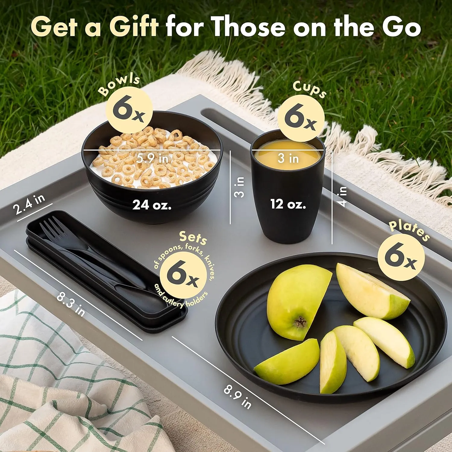 FOODLE Wheat Straw Dinnerware Set - BPA Free - Unbreakable, Microwave & Dishwasher Safe- Alternative to Plastic Dishes - Perfect for Outdoor, RV, Dorm - Camping Plates Cups and Bowls Set - For 6