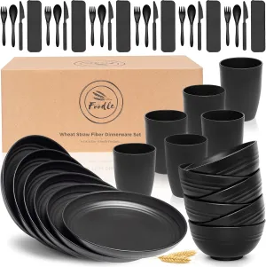 FOODLE Wheat Straw Dinnerware Set - BPA Free - Unbreakable, Microwave & Dishwasher Safe- Alternative to Plastic Dishes - Perfect for Outdoor, RV, Dorm - Camping Plates Cups and Bowls Set - For 6