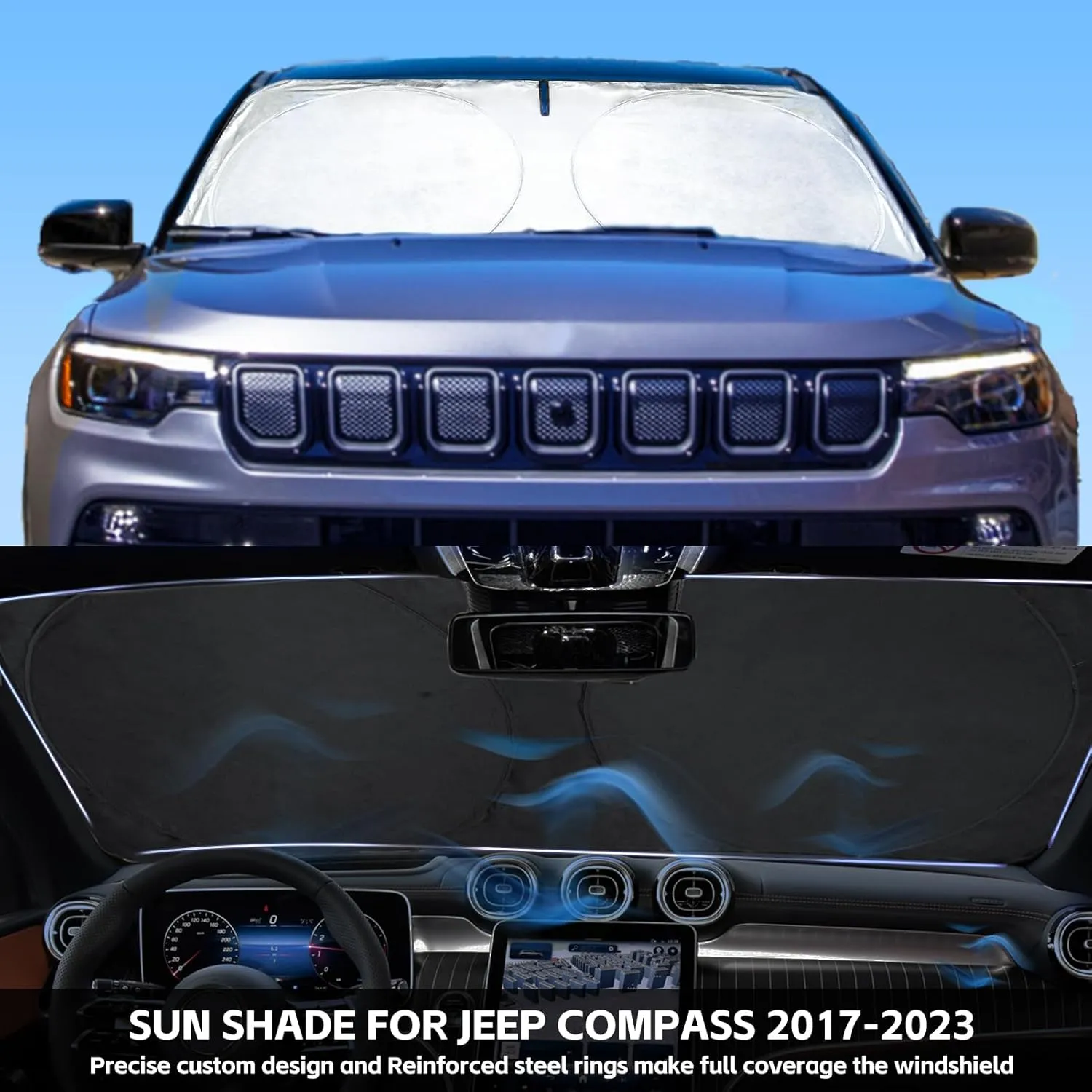 for 2024 Compass Windshield Sun Shade Car Windshield Cover, Custom Fit for Jeep Compass 2017-2023 Ultimate Sun Protection Foldable Visor Sunshade Protector Shield Accessory