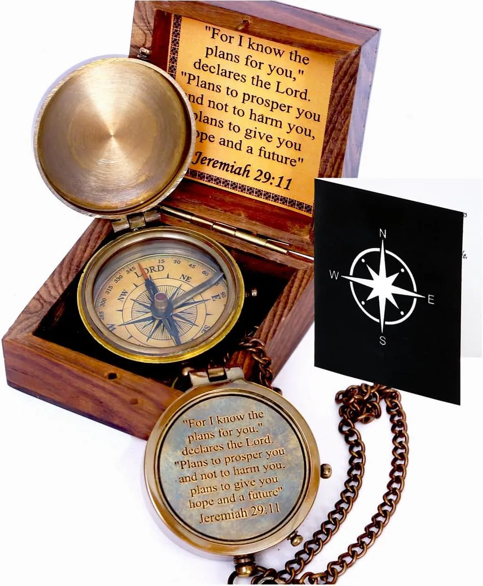 for I Know The Plans I Have for You - Jeremiah 29:11 Quote Engraved Compass with Wooden Box, Religious, Baptism, Pastor Gifts,Graduation Day Gifts 2025, Compass Gift for Him Mens Husband Fathers Day