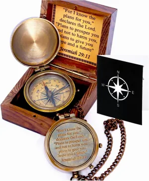 for I Know The Plans I Have for You - Jeremiah 29:11 Quote Engraved Compass with Wooden Box, Religious, Baptism, Pastor Gifts,Graduation Day Gifts 2025, Compass Gift for Him Mens Husband Fathers Day