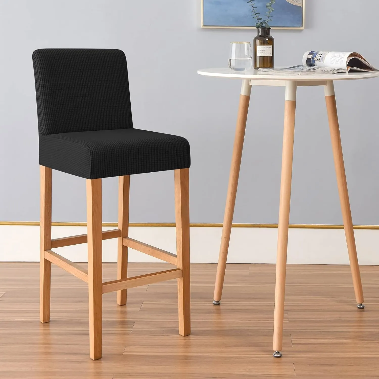 FORCHEER Bar Stool Chair Cover with Backs Set of 2 Jacquard Dining Chair Slipcovers Cafe Barstool Slipcover Square Removable Furniture Chair Seat Cover Elastic Bottom (4PC,Black)