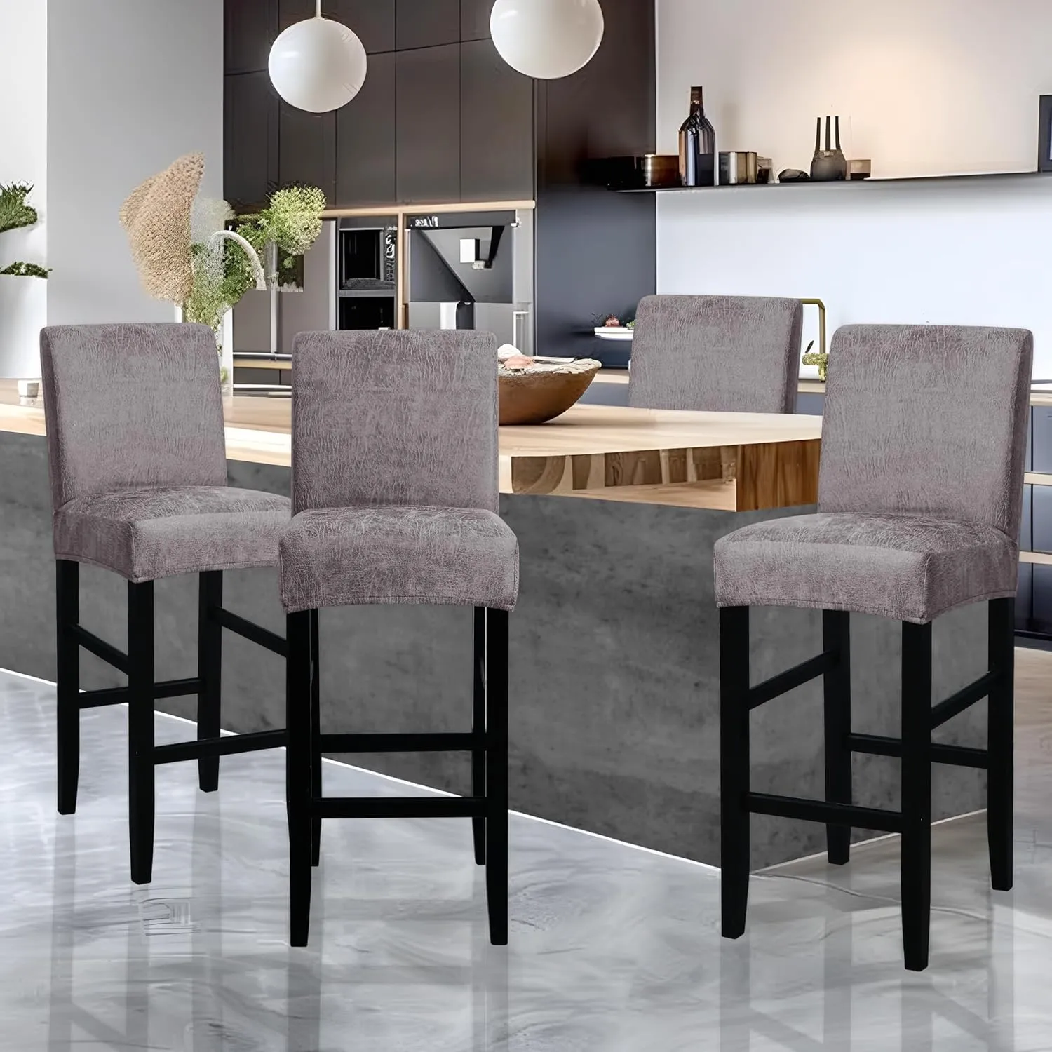 FORCHEER Bar Stool Chair Cover with Backs Set of 4 Hot Stamping Process Dining Chair Slipcovers Cafe Barstool Slipcover Square Removable Furniture Chair Seat Cover Elastic Bottom (4PC,Light Grey)