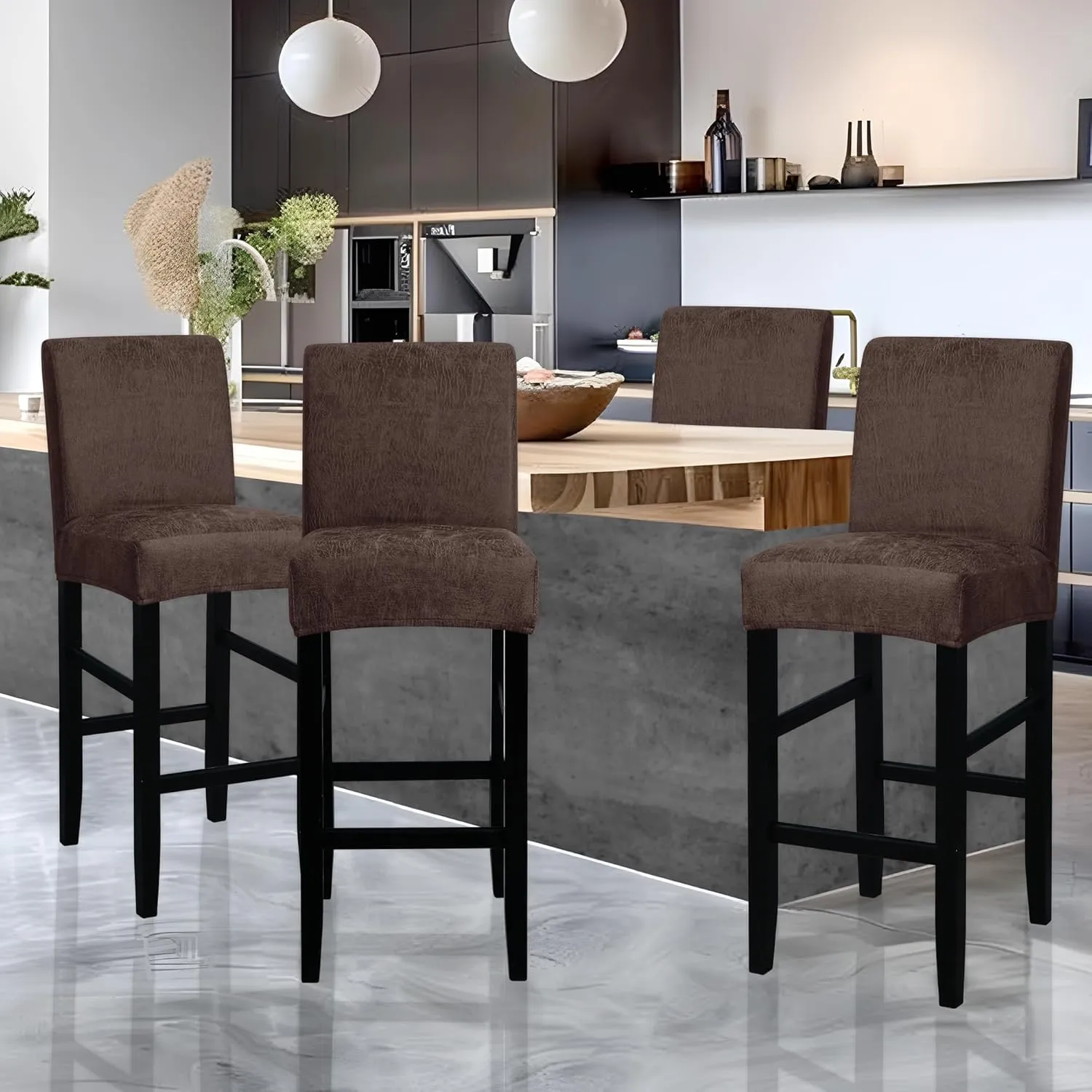 FORCHEER Bar Stool Chair Cover with Backs Set of 4 Hot Stamping Processr Dining Chair Slipcovers Cafe Barstool Slipcover Square Removable Furniture Chair Seat Cover Elastic Bottom (4PC,Coffee)