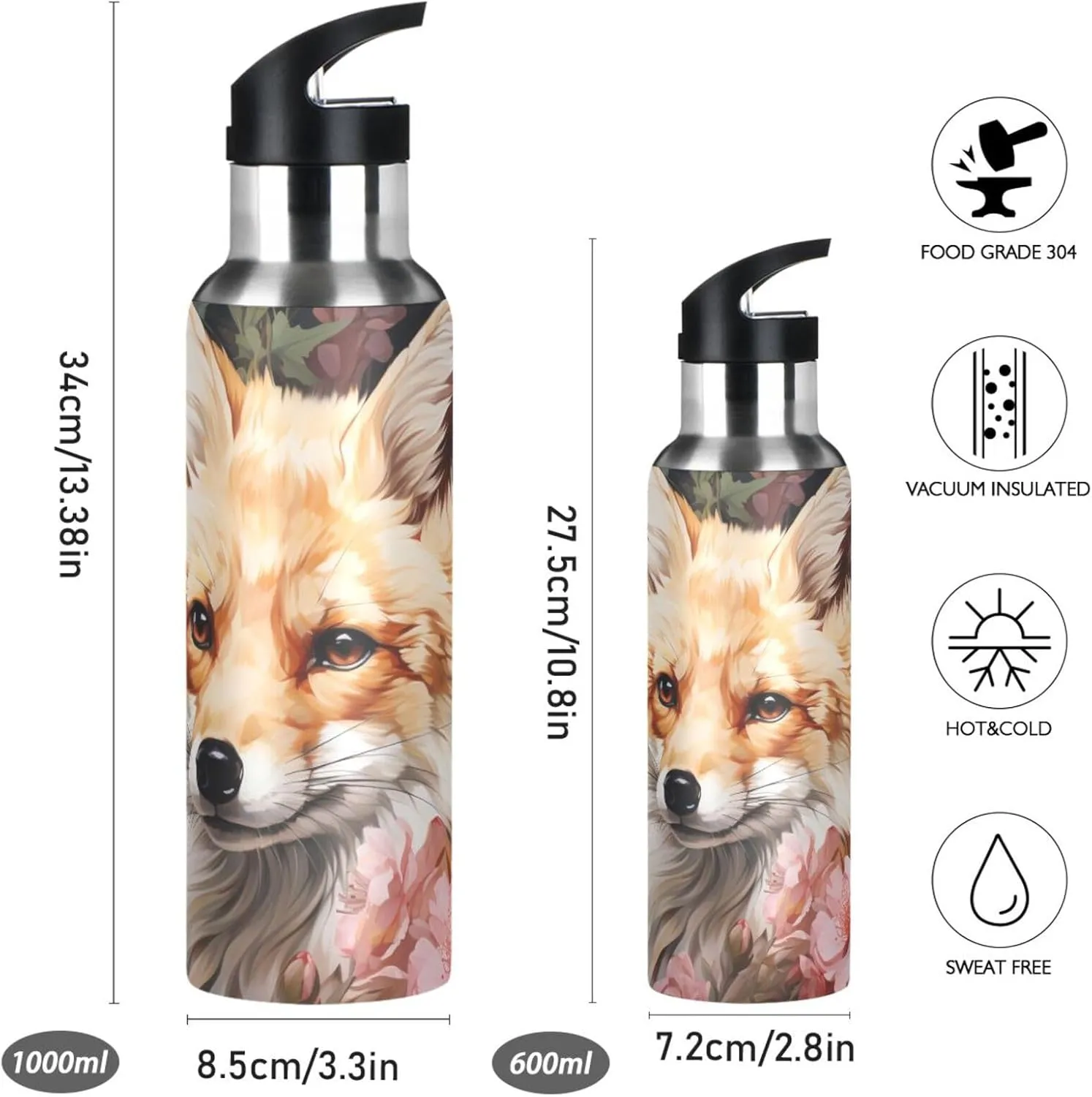 Fox Field Flowers Print Sports Bottle with Straw and Carry Loop for Gym, Camping, Workout, and Outdoors，Insulated Water Bottle Jug for All Day Hydration