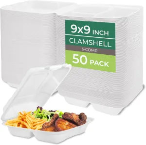 Freshware Clamshell Food Containers with Lids [9x9] 3-Compartment 50-Pack, Disposable To Go Containers, Biodegradable Sugarcane To Go Boxes - Paper Containers - Microwave & Freezer Safe, Stackable