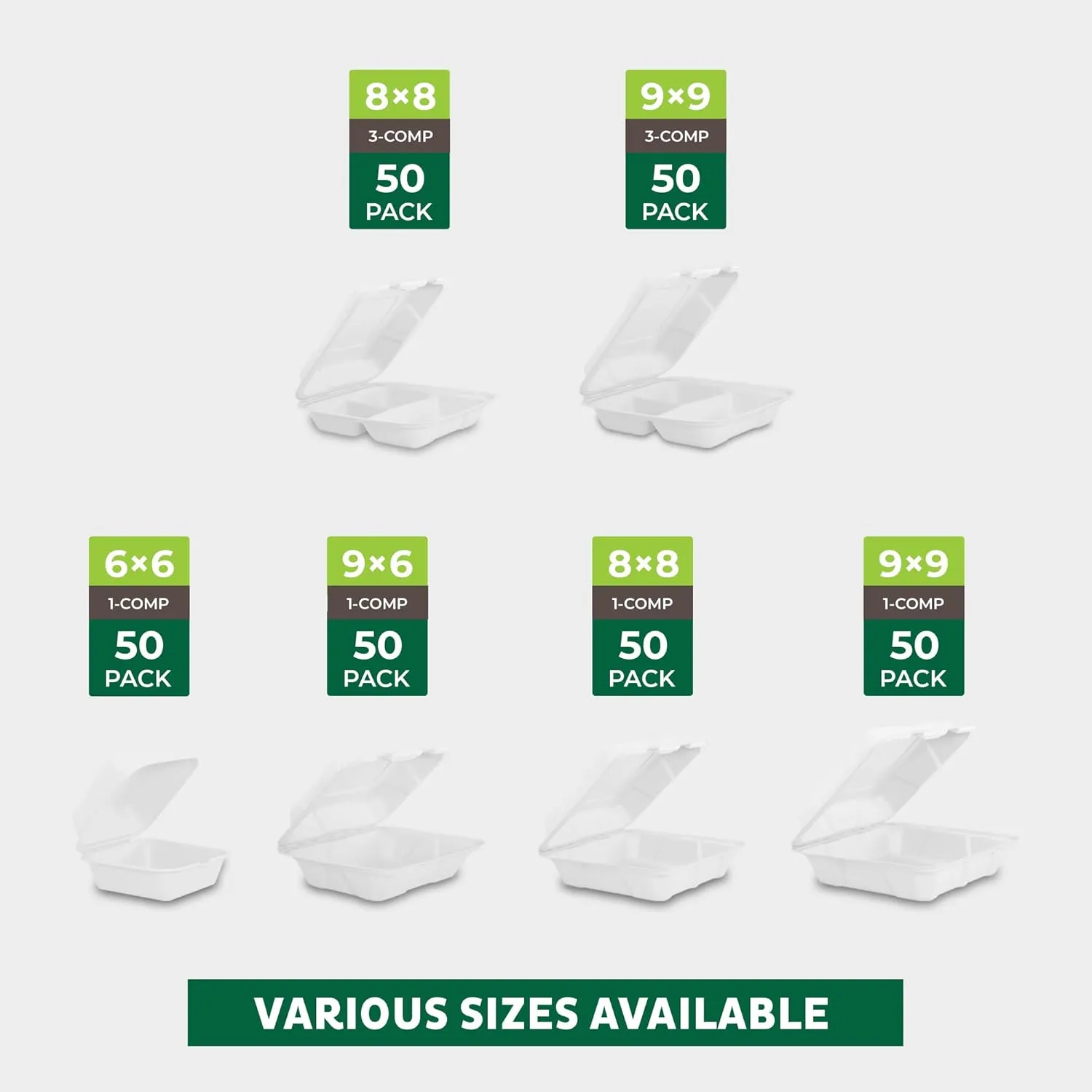 Freshware Compostable Clamshell Food Containers - 8x8" 50-Pack, Biodegradable Sugarcane To Go Boxes, Heavy Duty Paper Container - Microwave & Freezer Safe, Stackable