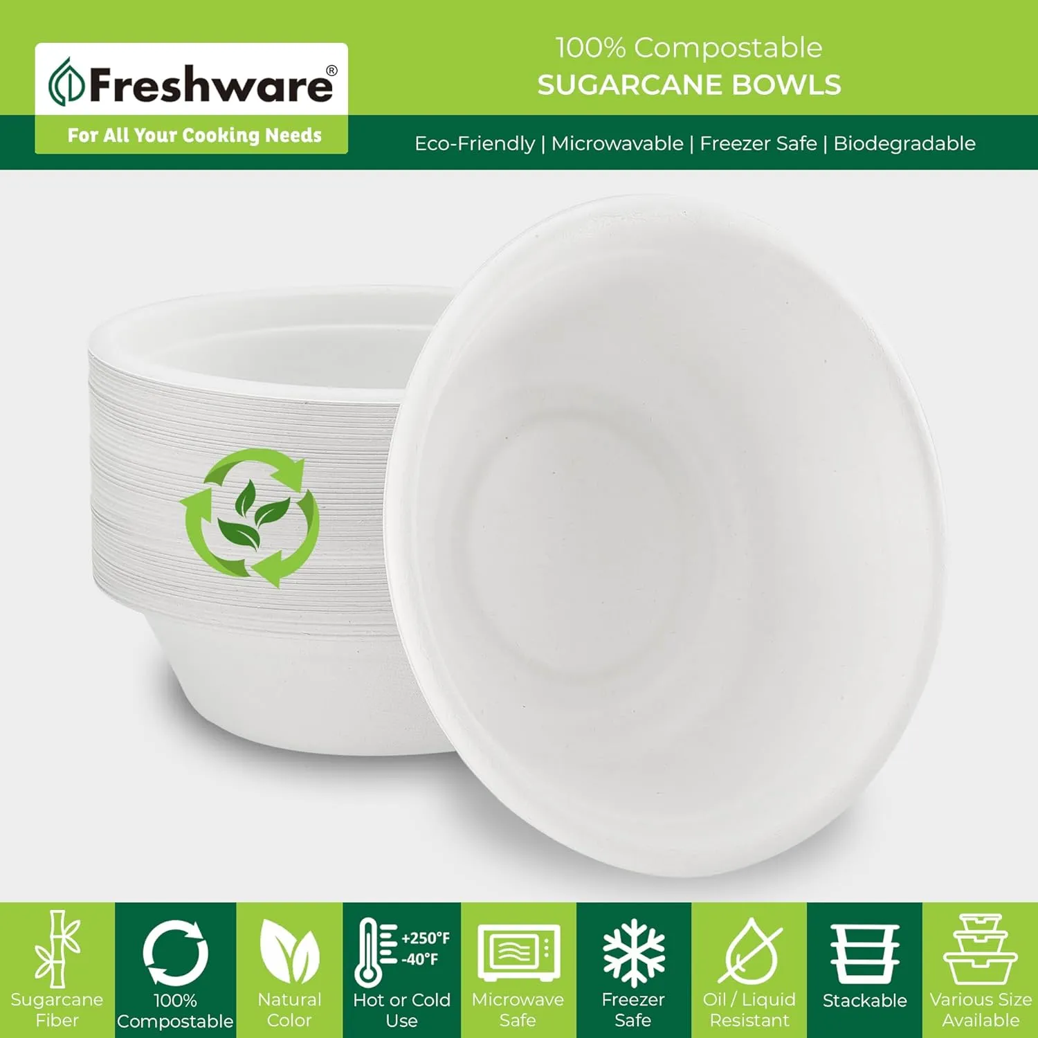 Freshware Paper Bowls - Disposable 32 oz Soup Bowl, 500-Pack Biodegradable Sugarcane Fiber Serving Bowls - Heavy Duty Bagasse for Hot Food Plates - Microwave & Freezer Safe, Stackable Dinnerware