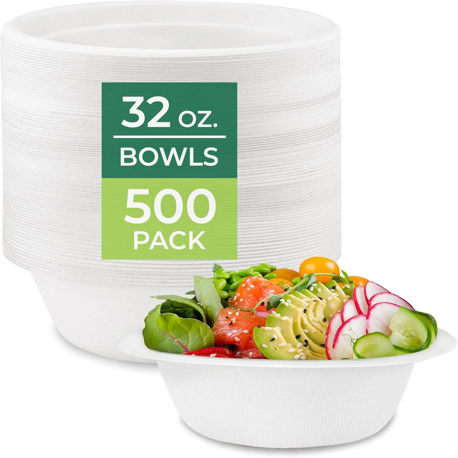 Freshware Paper Bowls - Disposable 32 oz Soup Bowl, 500-Pack Biodegradable Sugarcane Fiber Serving Bowls - Heavy Duty Bagasse for Hot Food Plates - Microwave & Freezer Safe, Stackable Dinnerware