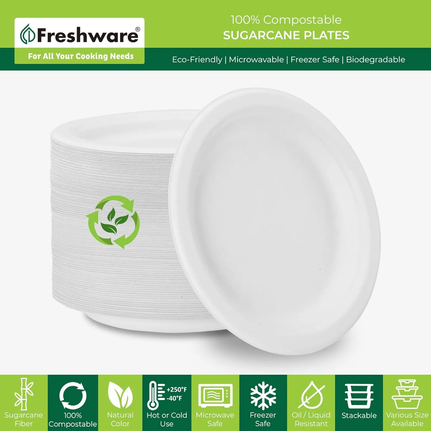 Freshware Paper Plates - Disposable 9" Plate, Biodegradable Sugarcane Dinner Plates - Heavy Duty Dinnerware for Hot Food - Microwave & Freezer Safe, Stackable Dinnerware - 150-Pack, 9 Inch