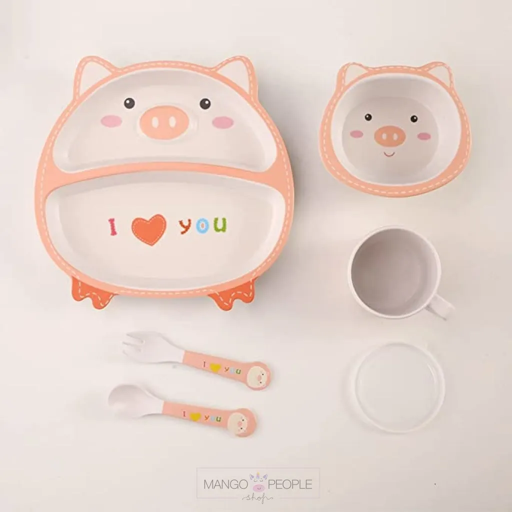 Fun, Cute and Attractive Cartoon Animal Print  Feeding Set for Kids made of Bamboo Fiber 5-Piece