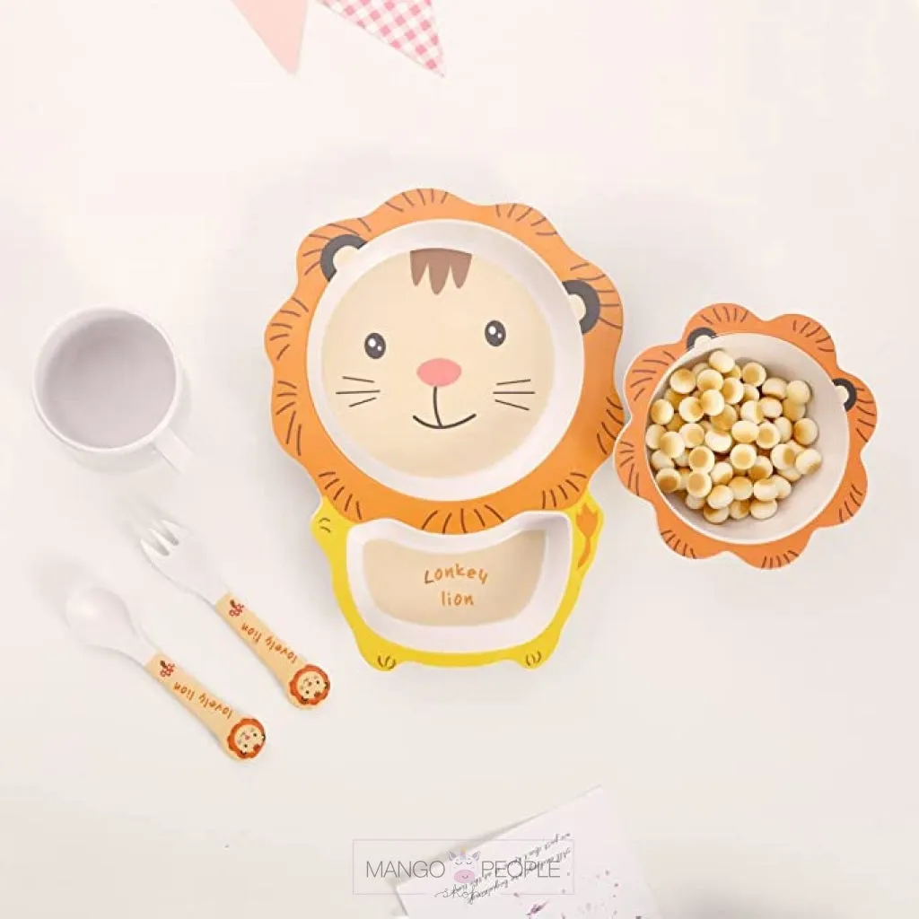 Fun, Cute and Attractive Cartoon Animal Print  Feeding Set for Kids made of Bamboo Fiber 5-Piece