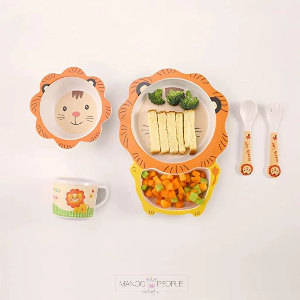 Fun, Cute and Attractive Cartoon Animal Print  Feeding Set for Kids made of Bamboo Fiber 5-Piece