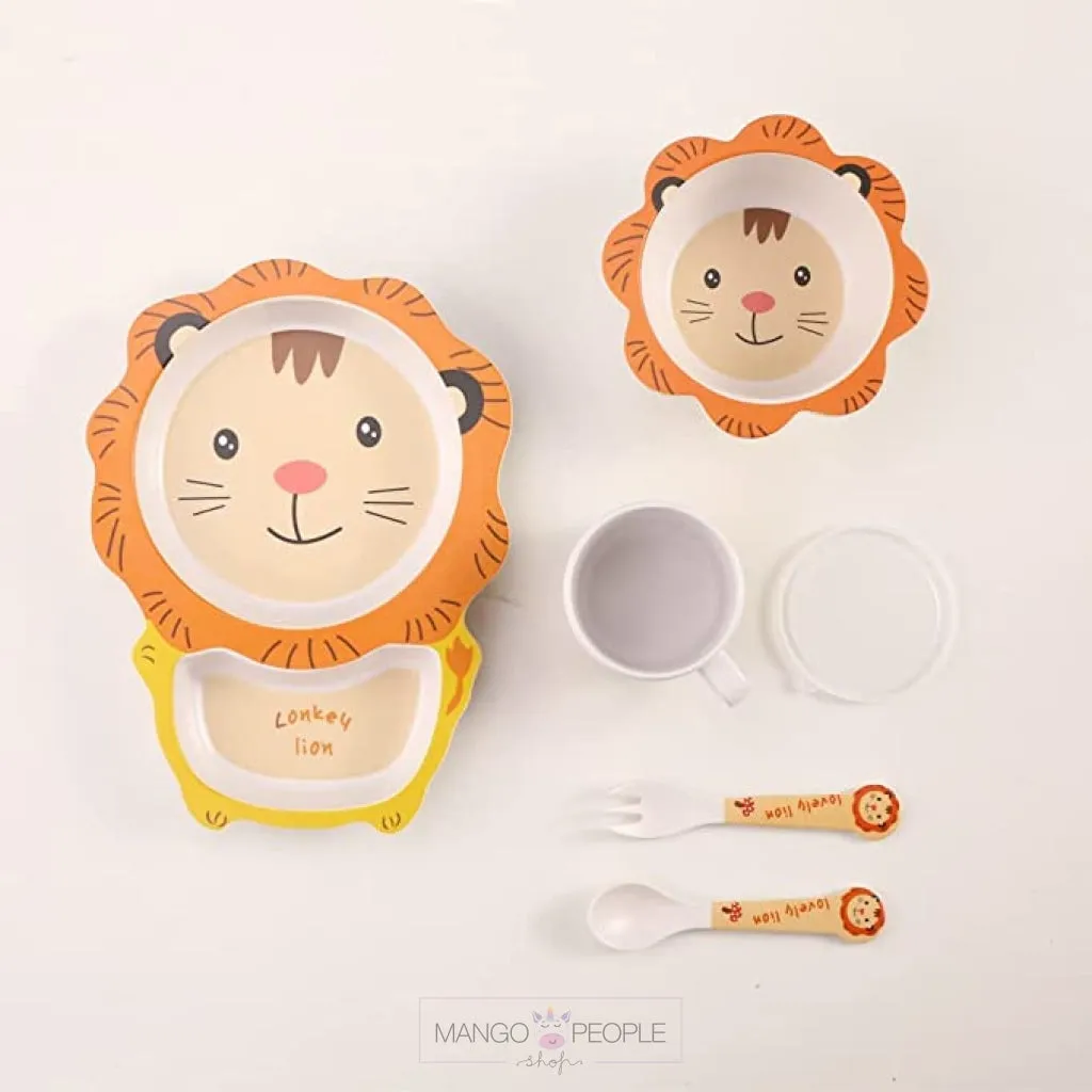Fun, Cute and Attractive Cartoon Animal Print  Feeding Set for Kids made of Bamboo Fiber 5-Piece