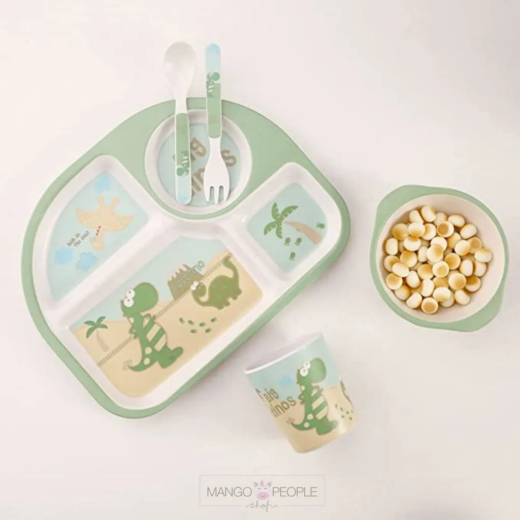 Fun, Cute and Attractive Cartoon Animal Print  Feeding Set for Kids made of Bamboo Fiber 5-Piece
