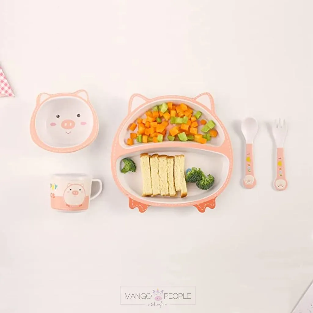 Fun, Cute and Attractive Cartoon Animal Print  Feeding Set for Kids made of Bamboo Fiber 5-Piece