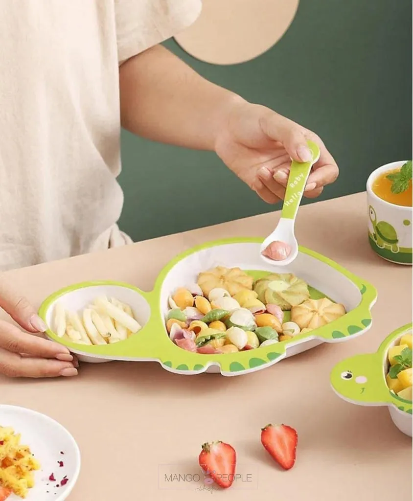 Fun, Cute and Attractive Turtle Design Feeding Set for Kids made of Bamboo Fiber 5-Piece
