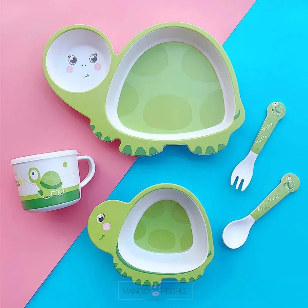 Fun, Cute and Attractive Turtle Design Feeding Set for Kids made of Bamboo Fiber 5-Piece