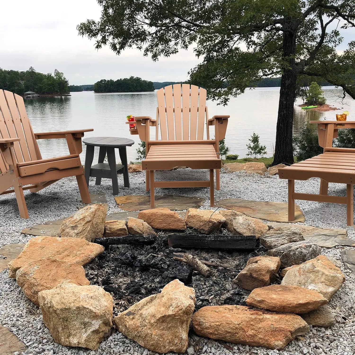 FUNBERRY Adjustable Folding Adirondack Chairs Set of 4 with Retractable Ottoman, All Weather Fire Pit Chairs with Cup Holder