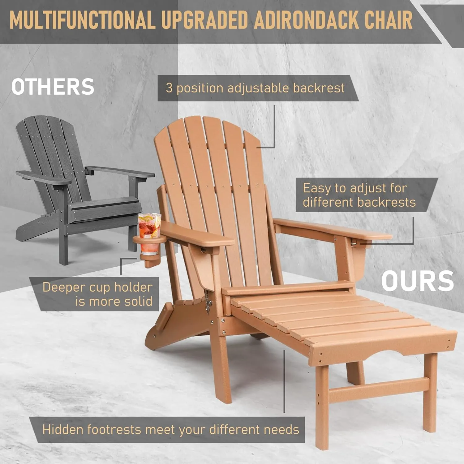 FUNBERRY Adjustable Folding Adirondack Chairs Set of 4 with Retractable Ottoman, All Weather Fire Pit Chairs with Cup Holder