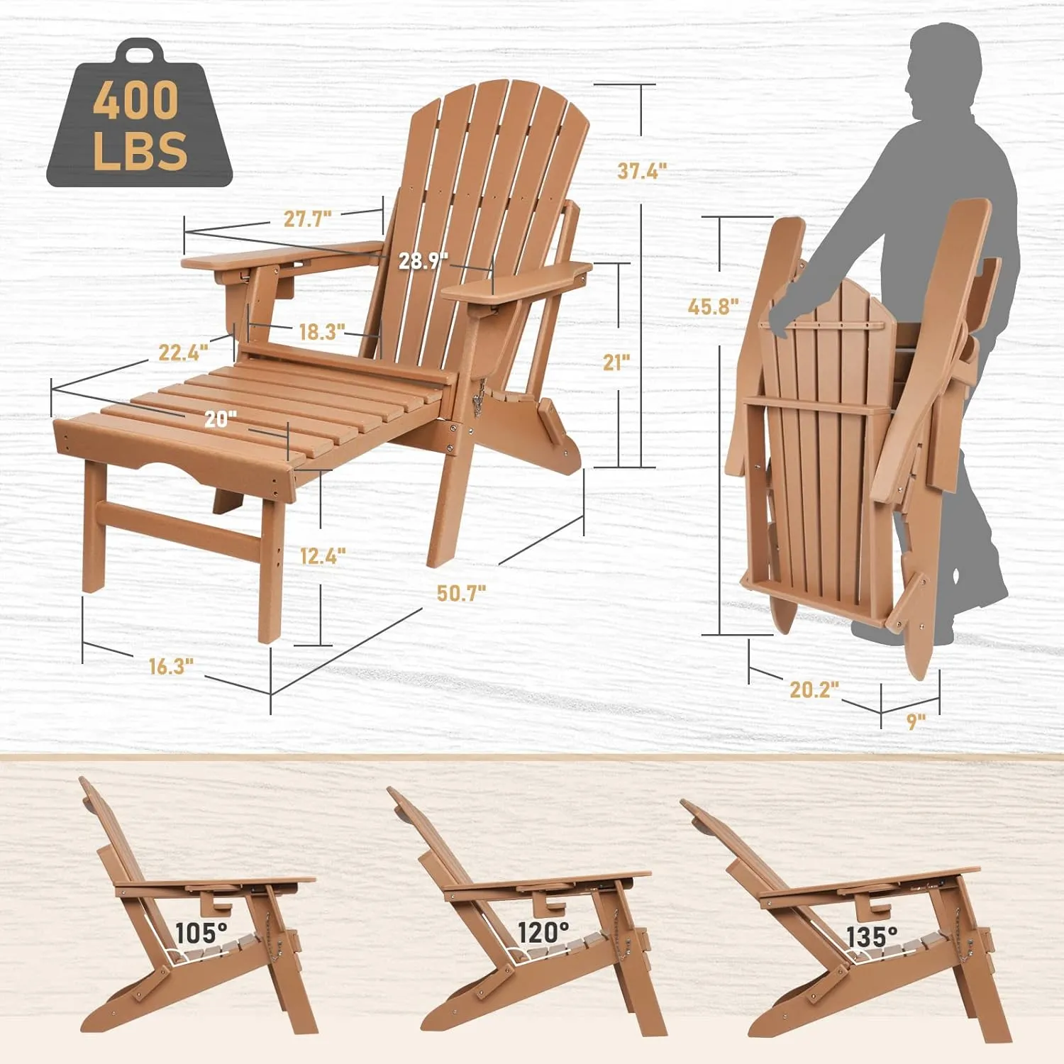 FUNBERRY Adjustable Folding Adirondack Chairs Set of 4 with Retractable Ottoman, All Weather Fire Pit Chairs with Cup Holder