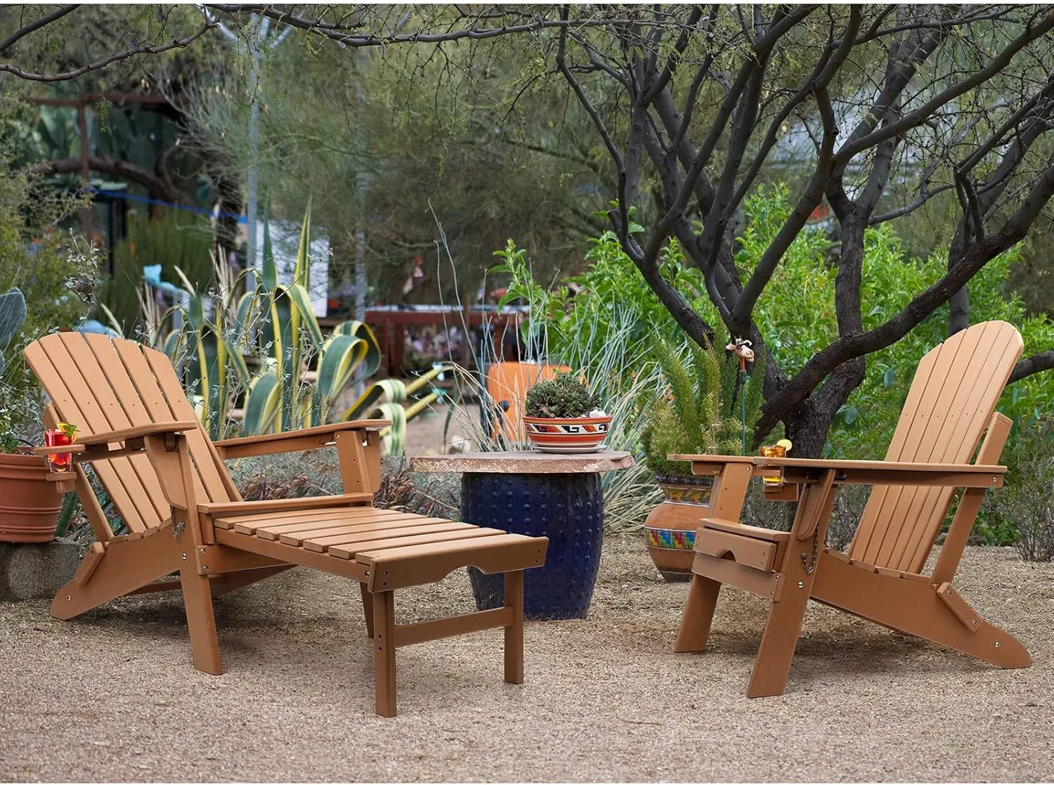 FUNBERRY Adjustable Folding Adirondack Chairs Set of 4 with Retractable Ottoman, All Weather Fire Pit Chairs with Cup Holder